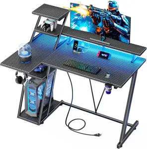 KUCA 39-Inch Black L-Shaped Carbon Fiber Gaming Desk - Desks for Gaming with LED Lights, Power Outlets, Storage Shelves, Monitor Stand for Bedroom Workstations