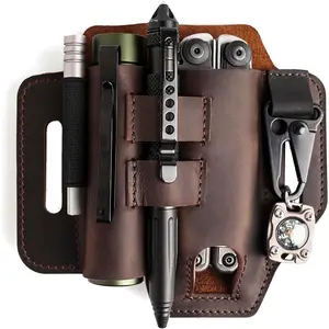 Multitool Sheath for Belt - EDC Belt Organizer - Leather Multitool Holster with Flashlight Holder, Elastic Band Pen Holder and Keychain Clip - Multitool Holder - Multitool Pouch, Darkbrown