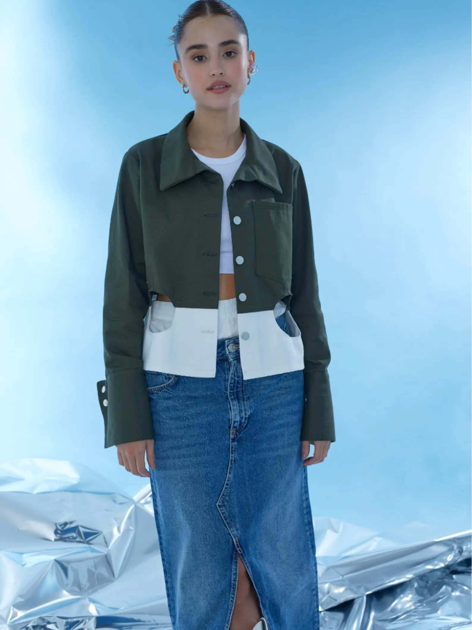 Bombom Muse Green and White Cotton Cut-Out Jacket Unique Casual Cool Jacket
