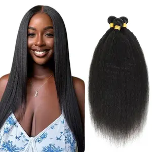 14 16 18 Inch Yaki Straight Bundles Human Hair Bundles#1B Natural Black Color Kinky Straight 3 Bundles Unprocessed Brazilian Virgin Weave Hair Extensions 50 Gram Per Bundle for Black Wo