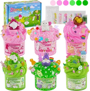 6 Packs Bunny Pink Slime Kit -Cloud Clear Butter Slimes with Easter Charms & Add-ins, Soft Fluffy Slimes Kits for Girls & Boys, 360ml Pink & Green Easter Slime Making Kit Party Favor for Kids