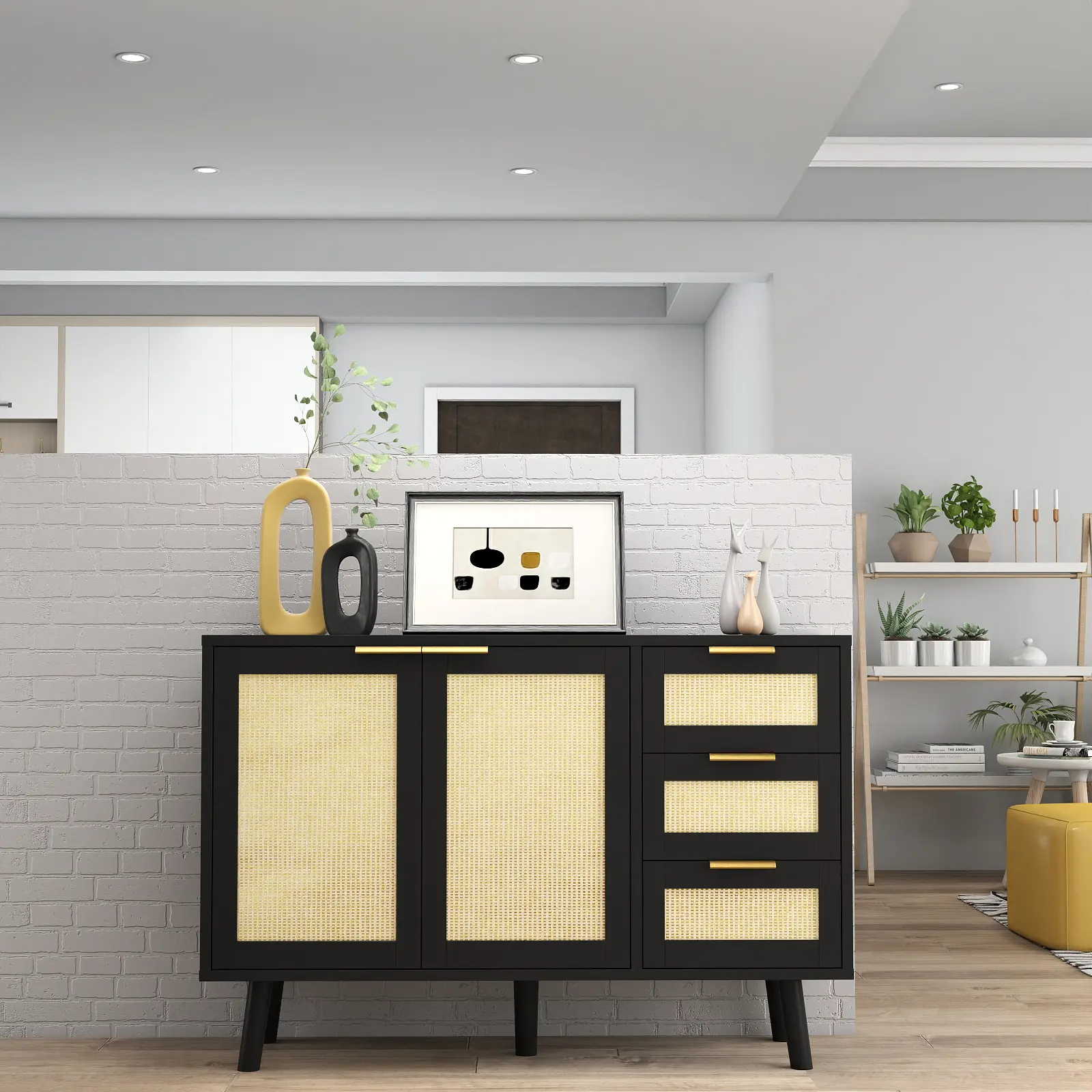 Medieval modern style sideboard buffet with storage | Black wood and engineered wood structure, 2 doors and 3 drawers, freestanding side cabinet, with open shelves and closed storage, compact design with height less than 27 inches