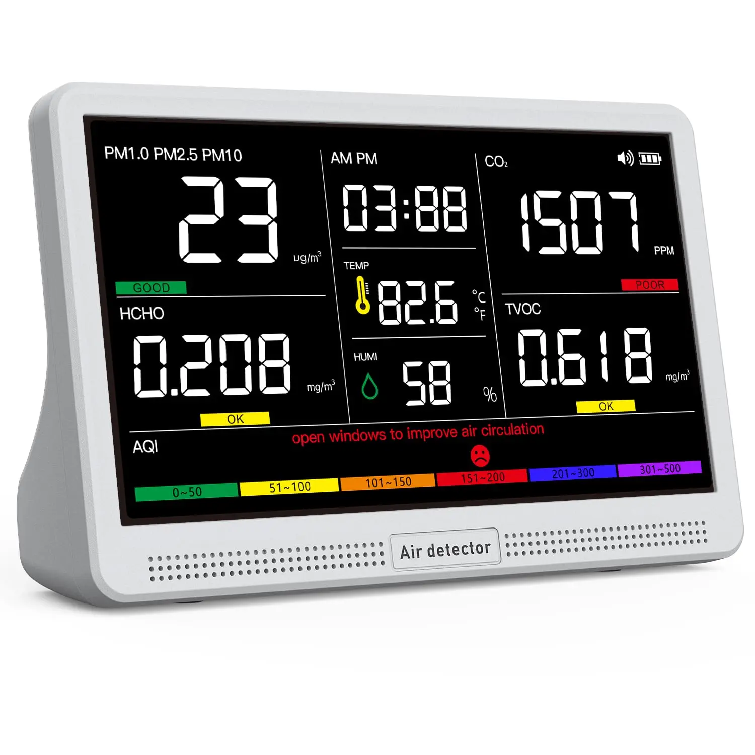 16-in-1 Portable Indoor Air Quality Monitor with 7" Large Display, Wildfire-Ready Tester for CO2, TVOC, PM2.5, PM1.0, PM10, HCHO, Temperature, Humidity, AQI, Time, 9 AQI Readings, 7 Alerts, Home Air Gauge