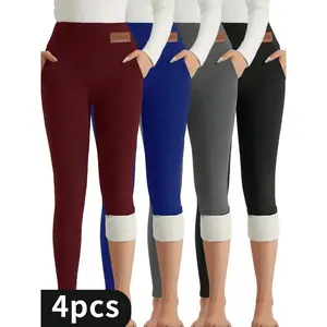 4-Pack Women's High-Waisted Fleece-Lined Tummy Control Leggings,Thickened & Elastic Waistband - Winter Thermal Insulation,With Side Pockets - Convenient For Storage,Machine Washable - Easy Care Solid Color Design,Teen Fashion - Stretchy Comfort Fabric