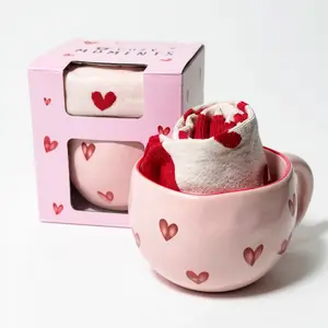 Heart Mug & Socks Set, Pink Design, Girly Ceramic Tea Cup and Cute Cotton Socks, Matcha or Coffee Drinkware Kit Birthday Gift for Her for Mom