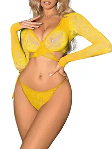 Women's Vibrant Yellow Lace Intimates Set with Matching Sleeves - V-Neck Teddy Bodysuit for Everyday Elegance and Charming Comfort Lace Underwear Set