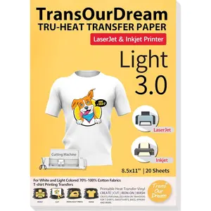 Tru-Heat Transfer Paper for Inkjet & Laserjet Printer (20 Sheets 8.5x11, 3.0) Printable HTV Heat Transfer Vinyl for T Shirts Iron on Transfers for Light Fabrics (TRANS-L3-1-20)
