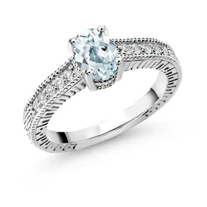 Gem Stone King 925 Sterling Silver Sky Blue Aquamarine and White Topaz Women Engagement Ring (0.95 Ct Oval)