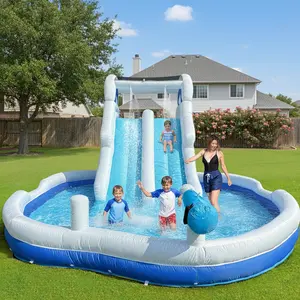 Inflatable Double Water Slide Inflatable Water Slide with Dual Slides & Large Splash Pool, 6-in-1 Backyard Water Park with Water Cannons, Arched Sprinkler, Includes Blower