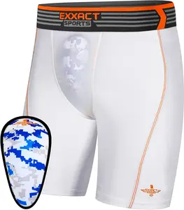 Exxact Sports Men's Compression Shorts with Soft Athletic Cup for Baseball Football Hockey, Men's Cup Underwear with Cup - (White) Menswear Socks Sportswear