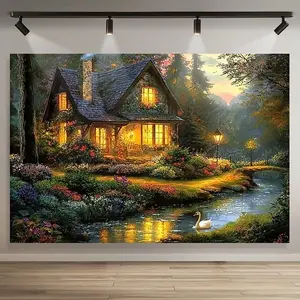 Thomas Kinkade Inspired Polyester Knit Curtain Contemporary Arts Theme Machine Washable Cozy House & Serene Lake Design Ideal for Various Room Types Perfect for Weddings Birthdays Anniversaries