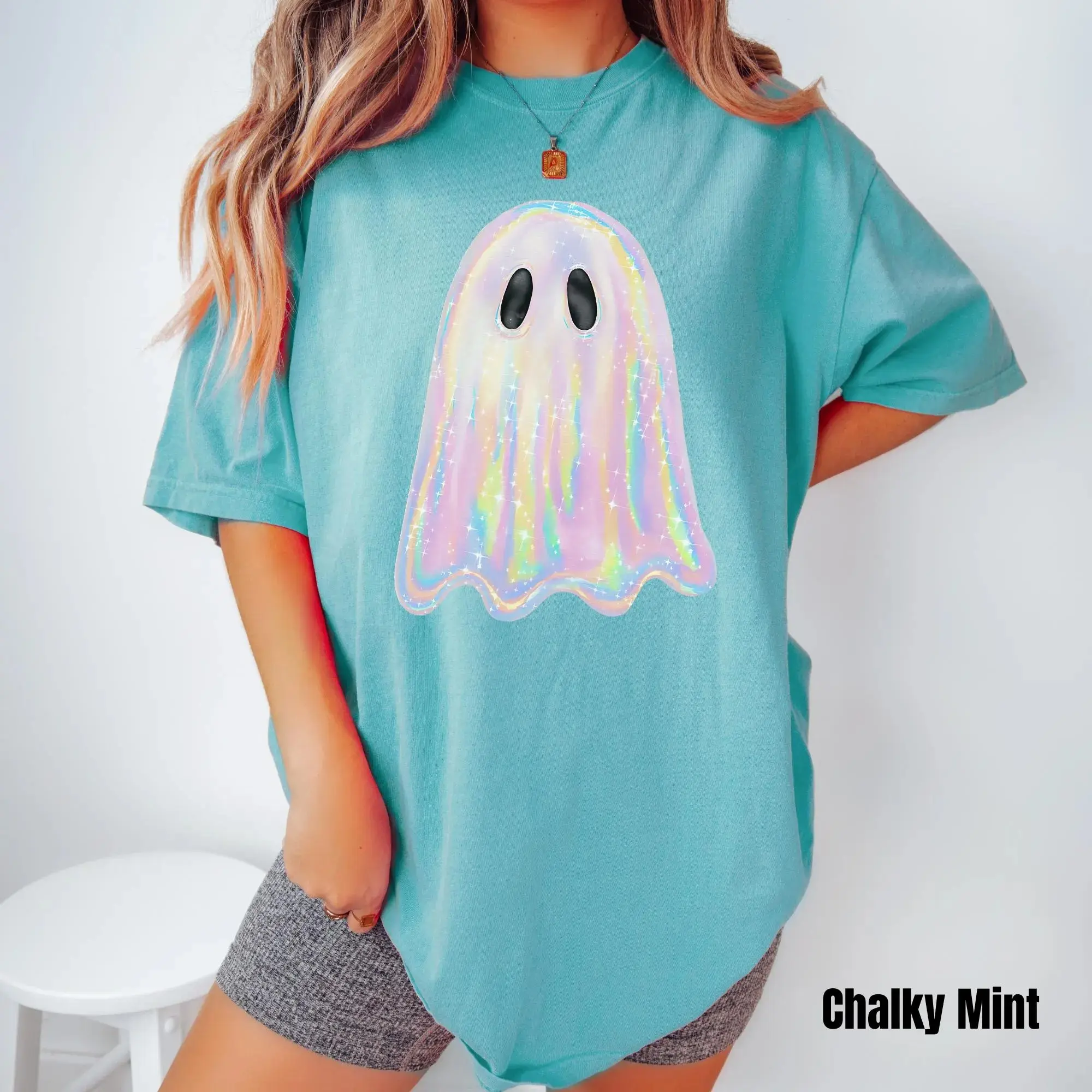 Comfort Colors Women's Shimmering Ghost Shirt, Iridescent Ghost Tee, Pastel Halloween T-Shirt, Comfort Colors Glittery Spooky Season Tee