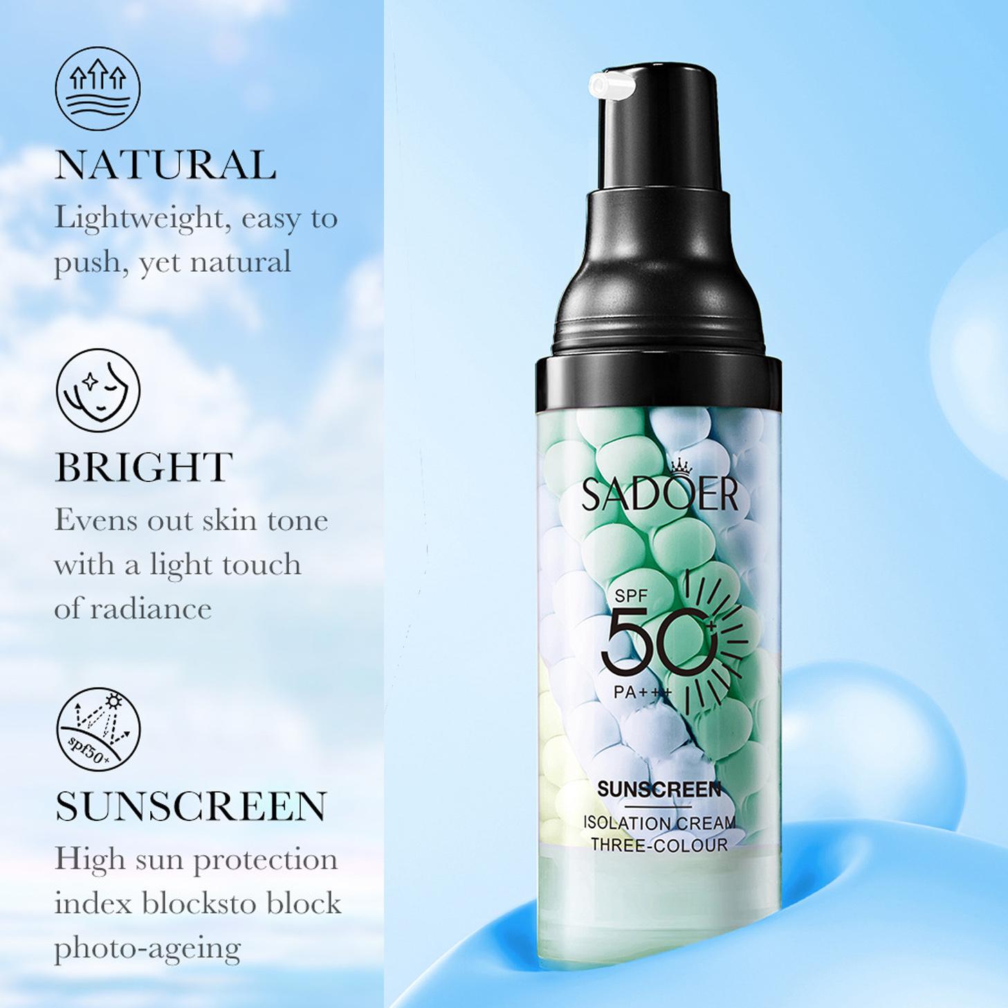 SPF 50+ PA+++ 3-in-1 Sunscreen Isolation Cream, Color Corrector Face Primer, Pre-Makeup Base for Oil Control, Moisturizing & Pore-Blurring, Luminous Even Skin Tone