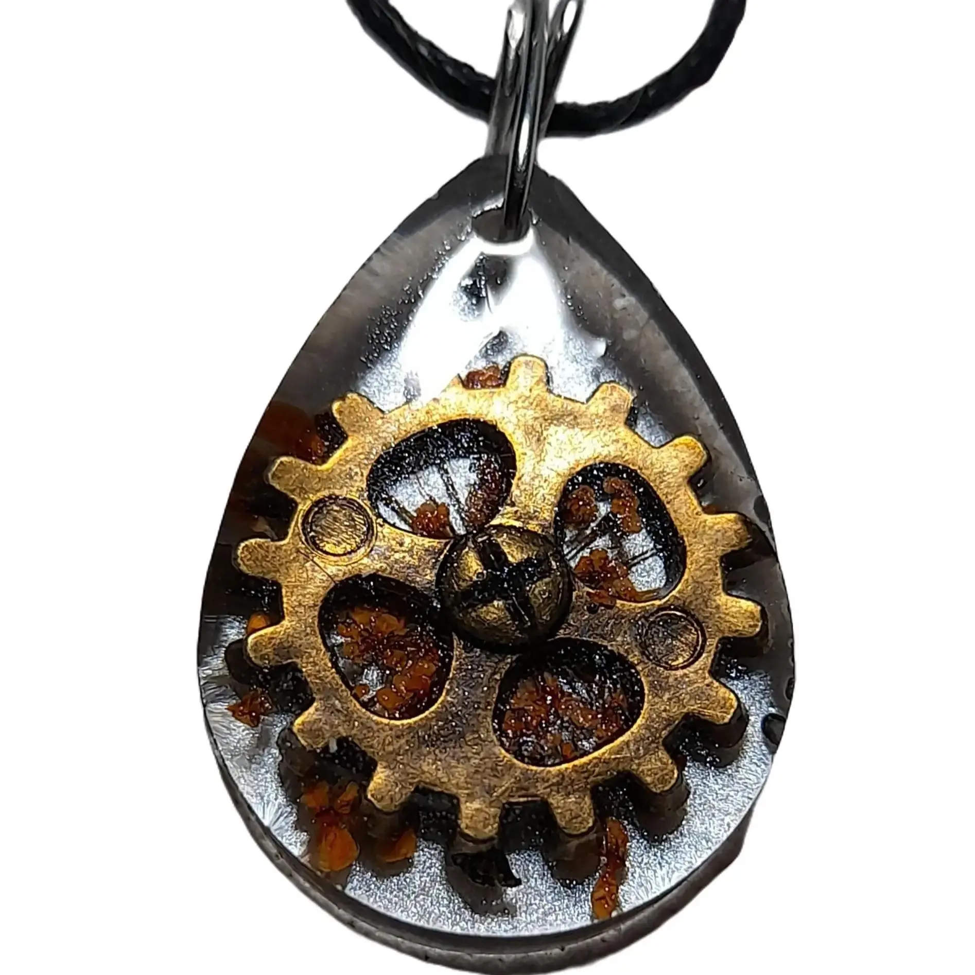 Tear Drop Resin Shadowbox Pendant With Orange Flowers and Gear