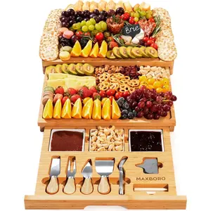 Extra Large 33.7x15.7 inch Charcuterie Boards Gift Set, 100% Bamboo Cheese Board and Knife Set, Cool Meat Cheese Platter Tray, House Warming Gifts New Home, Christmas Birthday Gift Ideas for Women Mom
