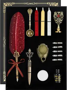 Quill Pen and Ink Set - Feather Calligraphy Dip Fountain Pen with Wax Seal Stamp Kit and 5 Nibs