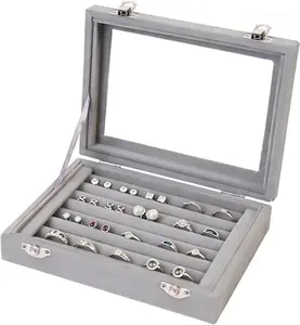 Jewelry Box Rings Organizer Tray 7 Slots Velvet Jewelry Earring Storage Box With Transparent Lid Jewelry Display Case for Girls Women (Gray)