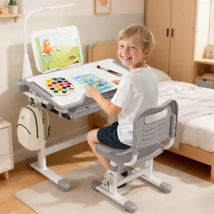 Slendor Kids Desk and Chair Set, Adjustable Student Desk for Ages 3-12 with LED Lamp, Bookstand & Drawing Mat
