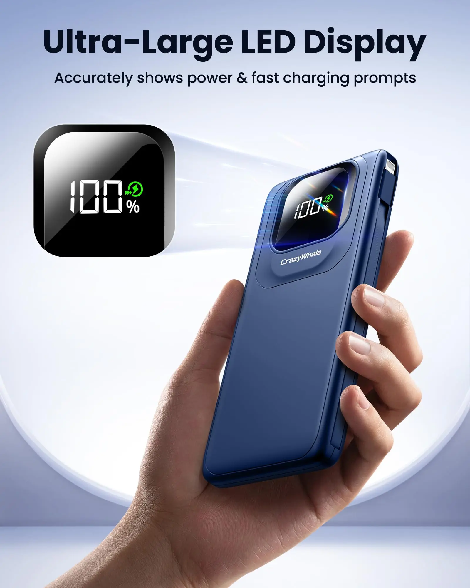 CrazyWhale 10000mAh Power Bank with Built-in Cables | 22.5W Fast Charging | 2 Outputs Portable Charger for iPhone 17Pro Max/16/15/14/13/12 & Android Smartphone Chargeable