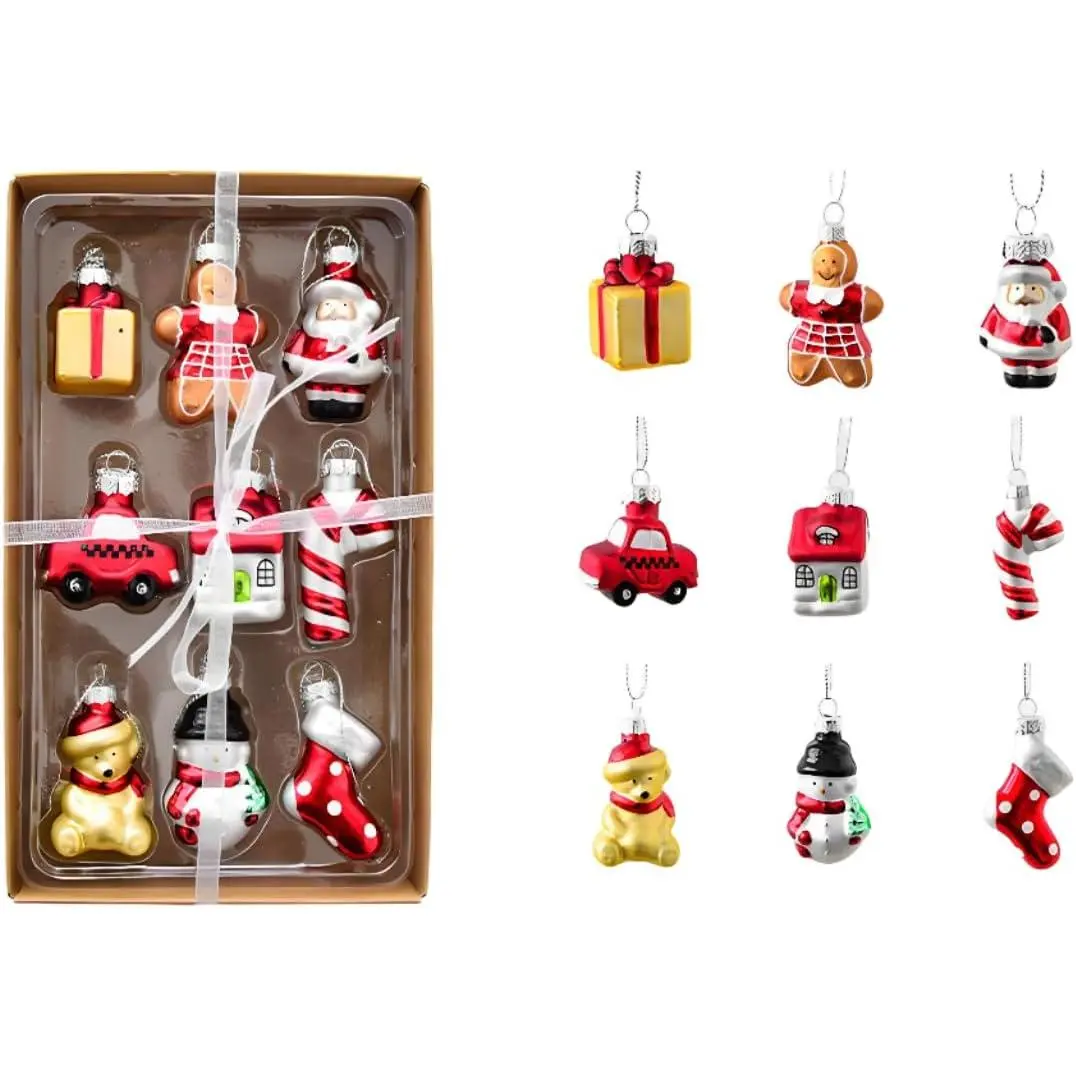 9pcs Glossy Reflective Shatterproof Plastic Mini Christmas Ornaments Set (0.7-1.5 Inches) - Magical Santa, Gingerbread Man, Stocking Designs for Tree, Window Decor, Holiday Party Toppers & Festive Gift Boxes