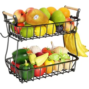 2 Tier Fruit Basket with 2 Banana Hangers, Countertop Fruit Vegetable Basket Bowl for Kitchen Counter, Metal Wire Fruit Storage Stand Holder, Multipurpose Organizer for Bread, Snacks, Vegetables and Fresh Produce