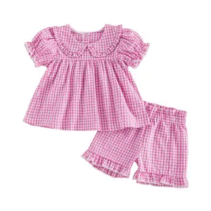 Kids Toddlr Baby Girls Summer Plaid Outfits Set Short Sleeve Doll Collar T-shirt Tops with Shorts Plaid Summer Clothes Set