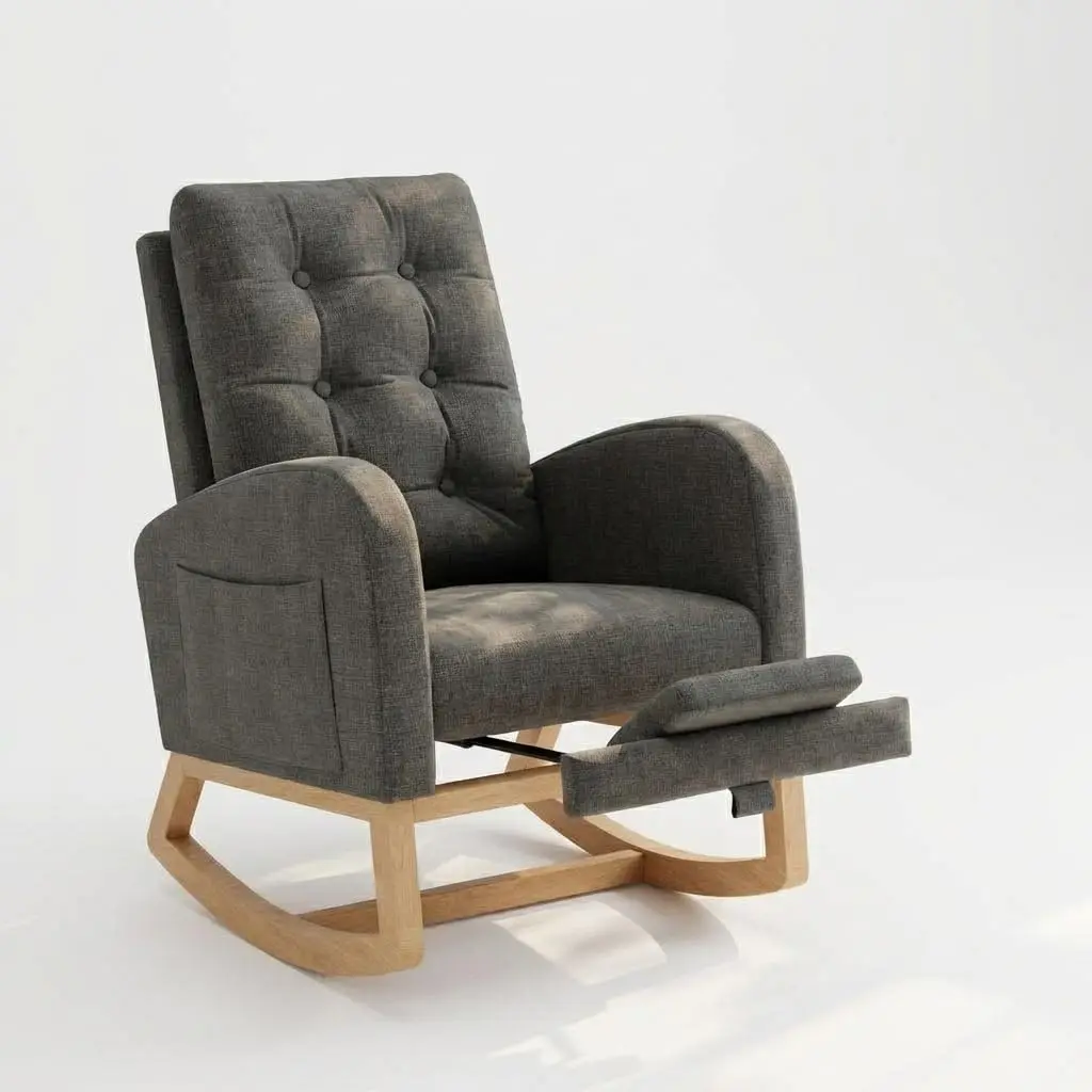 Garvee Modern Nursery Rocking Chair Upholstered in Linen with Adjustable Footrest, Reclining Comfort, Side Pocket, and Gliding Rocker for Living Room, Bedroom, Nursing Room, Gray