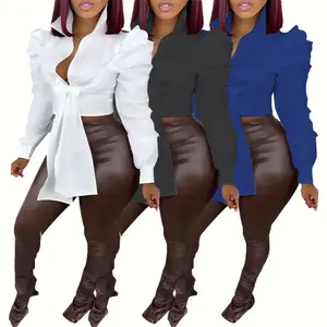 Summer Autumn Clothes Women's Commuting Shirt 2025 Spring Last Urban Style Solid Color Bubble Sleeve Lace Up Blouses Ceremony Long Sleeved Top Womenswear Check Basic Fitted Light Minimalist