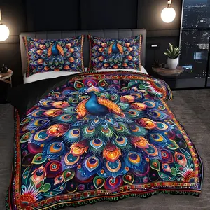 3-Piece Peacock Pattern Print Bedding Set (1 Duvet Cover + 2 Pillowcases), Polyester Fiber Material, Universal Fit, No Quilt Included