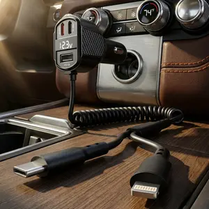 LUTU 4-in-1 Universal Car Fast Retractable Charger ,QC3.0, type C Fast Adapter with Lightning Cable & Dual Ports,Surge Protection,Fire-Resistant PC Shell,Prevent Car Circuit Damage Versatile Charging Solution