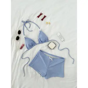 Sweet Girl Blue Plaid Halter Triangle Bikini Set, Fitted Two-Piece Swimsuit for Vacation Sunbathing, Cute Style All Seasons, Swimwear Set, Swimsuit Sets