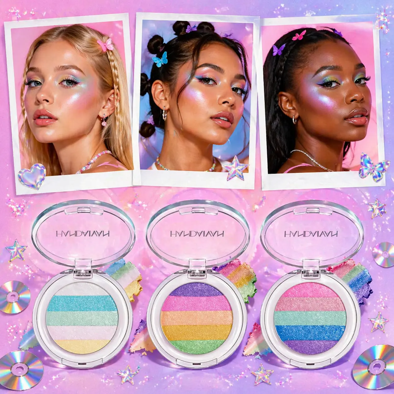 Rainbow Glitter Highlighter Palette Holographic Blendable Non-Caking Gradient Shimmer Powder Multi-Use Highlighter Blush Eyeshadow Long-Lasting Buildable Glow for Face Body Y2K Glass Skin Coquette Ethereal Festival Rave Pride Halloween Party Daily Women
