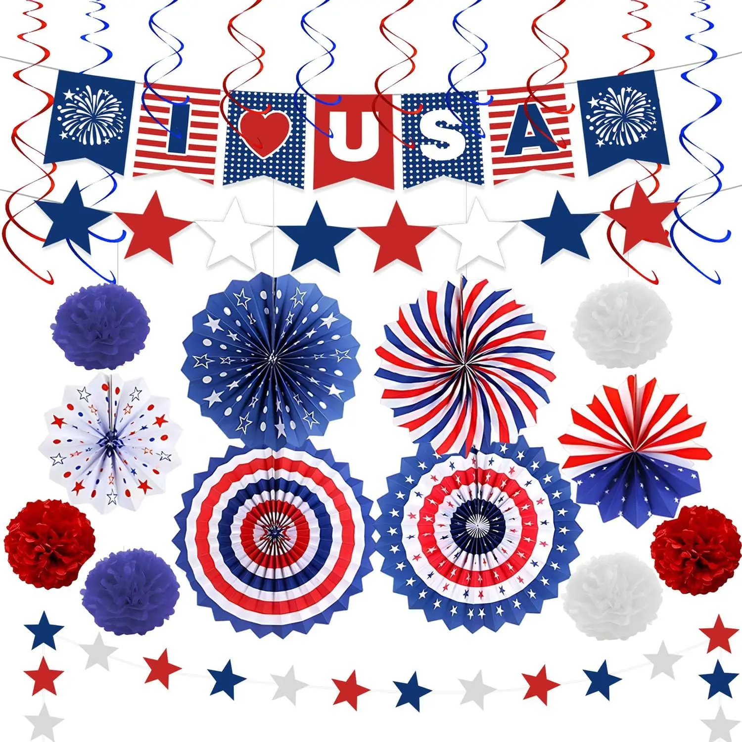 34 count 4th of July Decorations Patriotic Decorations Love  Banner Red White Blue Paper Fans,  Streamer, Pom Poms,  Swirls for Memorial Day Veterans Labor Presidents Flag