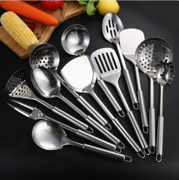 Mirror-Polished Stainless Steel Cookware Tools – Includes Slotted Turner, Soup Ladle, Pasta Server & Skimmer for Professional-Style Home Cooking