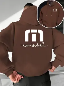 Men's Fall Winter Trendy Hoodie, Travis Mathew Letter Print Front Back, Casual Fitted Pullover with Drawstring Pocket Design, Casual Sports Hoodie