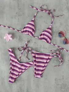 Women's French Stripe Bikini Set, Colorblock Striped Print Halter Neck High Cut Tie Side Triangle Bottoms, Beachwear Swimwear