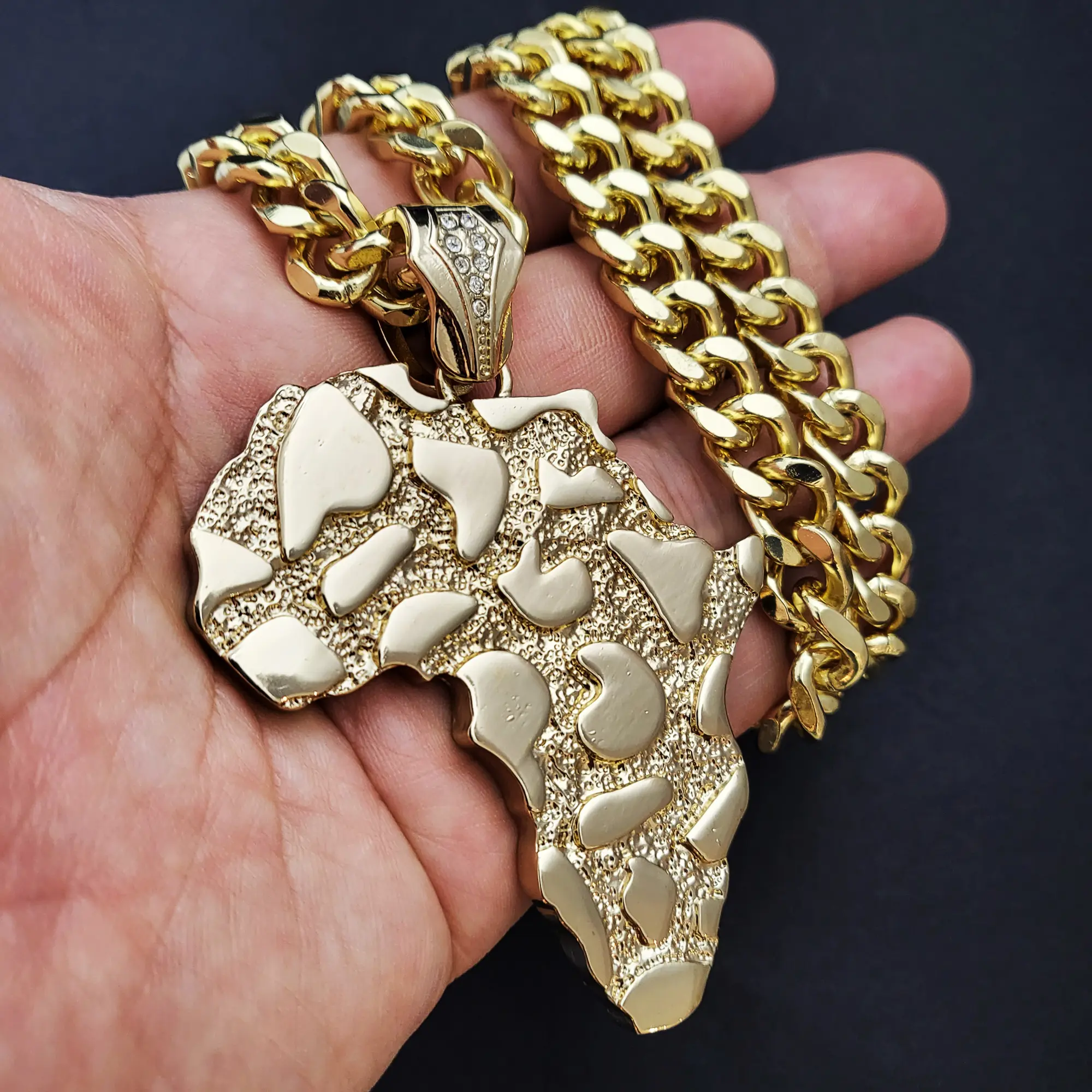 MaxBling81 Unisex Iced Large Africa Map Pendant Necklace - Gold/Silver Metal Coating Costume Jewelry, 10mm Chain & Link Hip Hop Celebrity Style Chain (16in,18in,20in,24in,30in Lengths), Multi-Size, Adults, Polished Finish, Luxe, Ethnic, Large Pendant, Mul