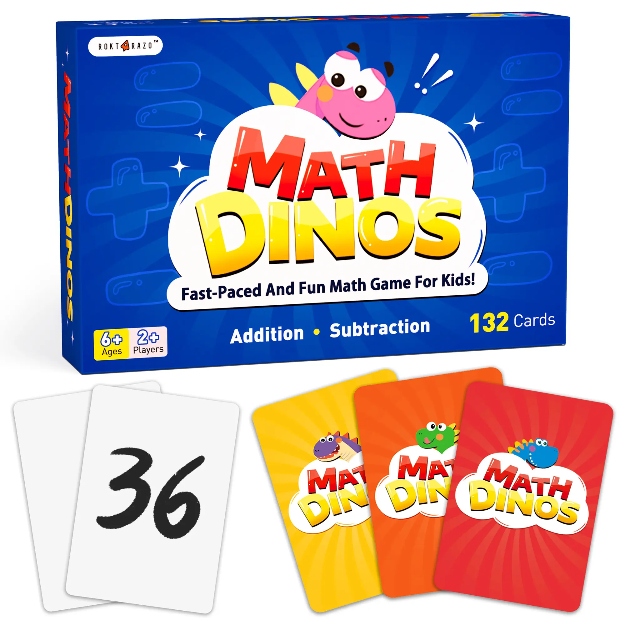 rokt&razo Math Dinos Card Game (132 Cards) for Kids 4-6/5+, Fast-Paced Arithmetic STEM Mental Game with Customizable Practice, Adjustable Difficulty, Confidence & Accuracy Builder, Ideal for Homeschool