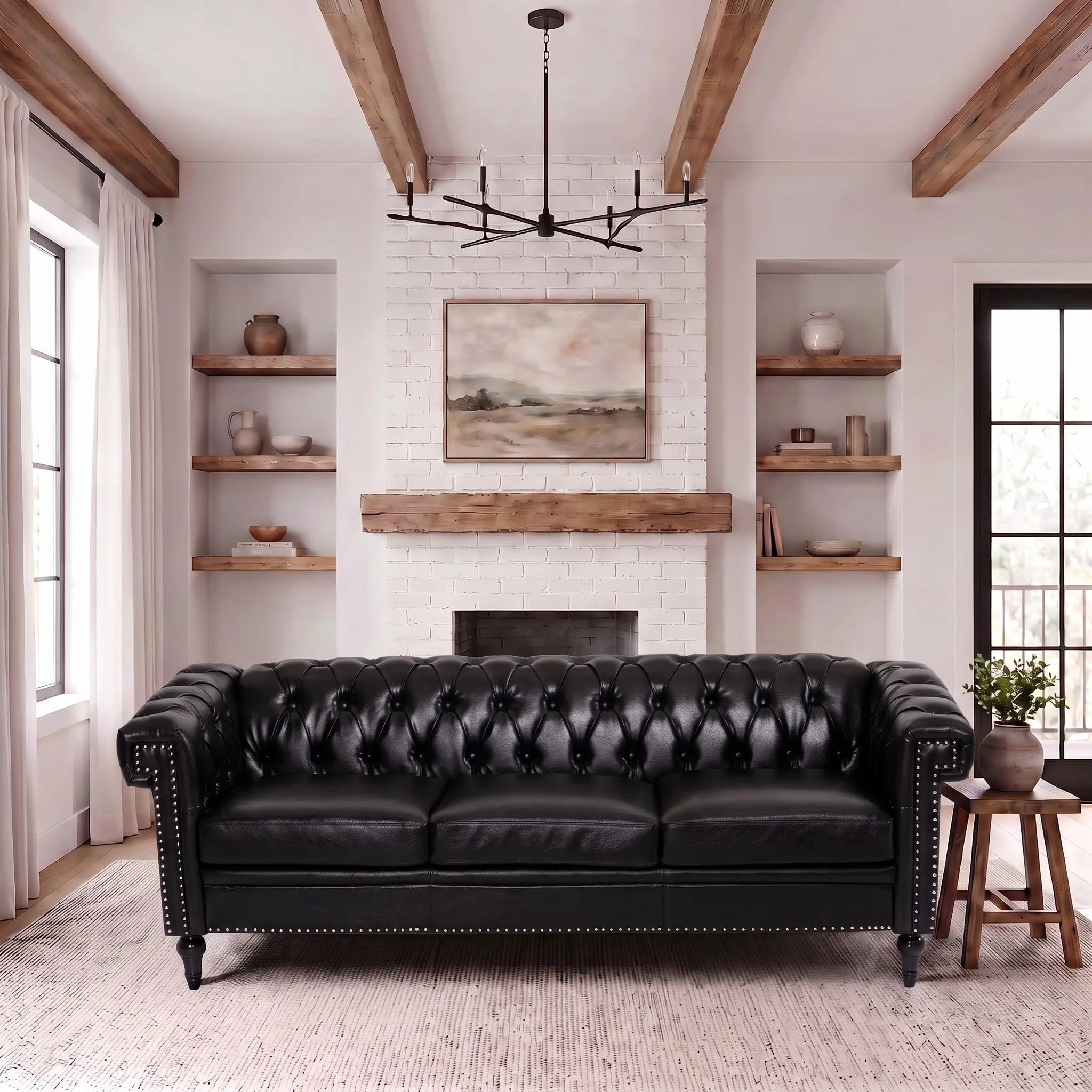 Classic Sturdy 3-Seater Tufted Chesterfield PU Leather Comfy Couch - 84in Indoor Living Room Sofa Furniture with Square Arms, Turned Wood Legs, Button Tufting, Nailhead Accents, Dirt Resistant, Deep Seats, Cushion, Easy Assembly