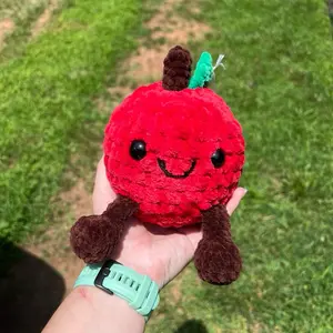 Hand Crocheted Sitting Apple - Adorable Red Plush Toy with Green Leaf and Brown Feet