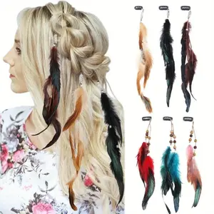6 PCS New Handmade Feather Hair Clip Extensions - Tribal Headdress With Braided Beads