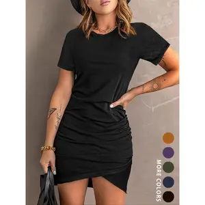 Women's Plain Ruched Wrap Dress, Casual Chic Short Sleeve Round Neck Short Bodycon Dress for Summer, Ladies Clothes for Daily Wear