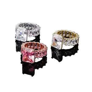 14K Gold Plated Emerald Cut CZ Eternity Ring, Full Crystal Statement Band, Stainless Steel Waterproof Unisex Jewelry, Trendy Wedding & Party Accessory, Perfect Gift for Him & Her