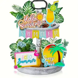 Wooden Tiered Tray Decoration without Tray, 10pcs/set Tropical Summer Themed Decoration, Sunshine & Hello Summer Sign, Home Decor for Living Room & Kitchen, Ornaments
