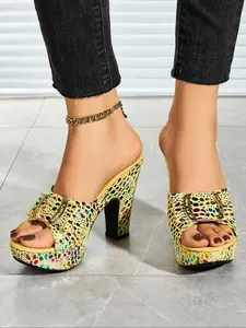 Fashionable Animal Print Slip on Sandals, Elegant Round Toe High Heel Sandals for Party, Daily Clothing Decor for Women & Girls, Walking Shoes