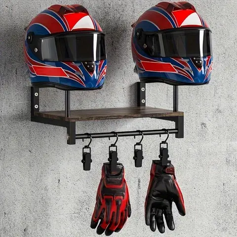 Motorcycle Helmet & Gear Display Rack, 1 Count Wall Mounted Helmet Holder with Detachable Hooks, Home Organizer for Living Room Bedroom