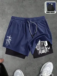 Men's Sporty Fitted Shorts, God and Cross Print, High Elasticity Training Shorts, Breathable Quick-Dry Outdoor Running Gear, Athletic Training Shorts