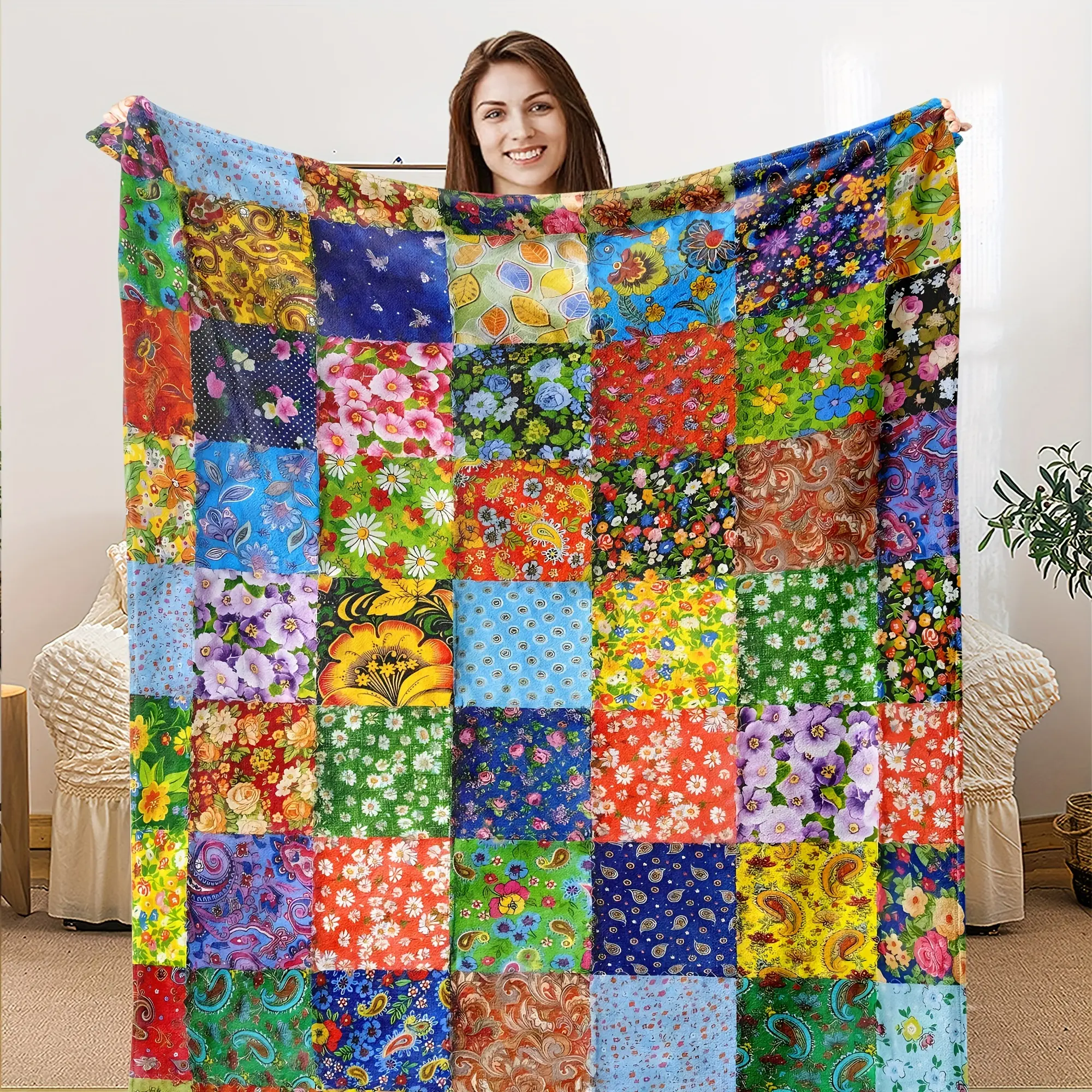 Retro Plaid Crochet-Accented Flannel Blanket - Durable, Stain-Resistant, Breathable, Soft, Warm, Machine-Washable, All-Season Comfort, Ideal for Christmas, Holiday, Sofa Use, Animal-Friendly Plush Blanket