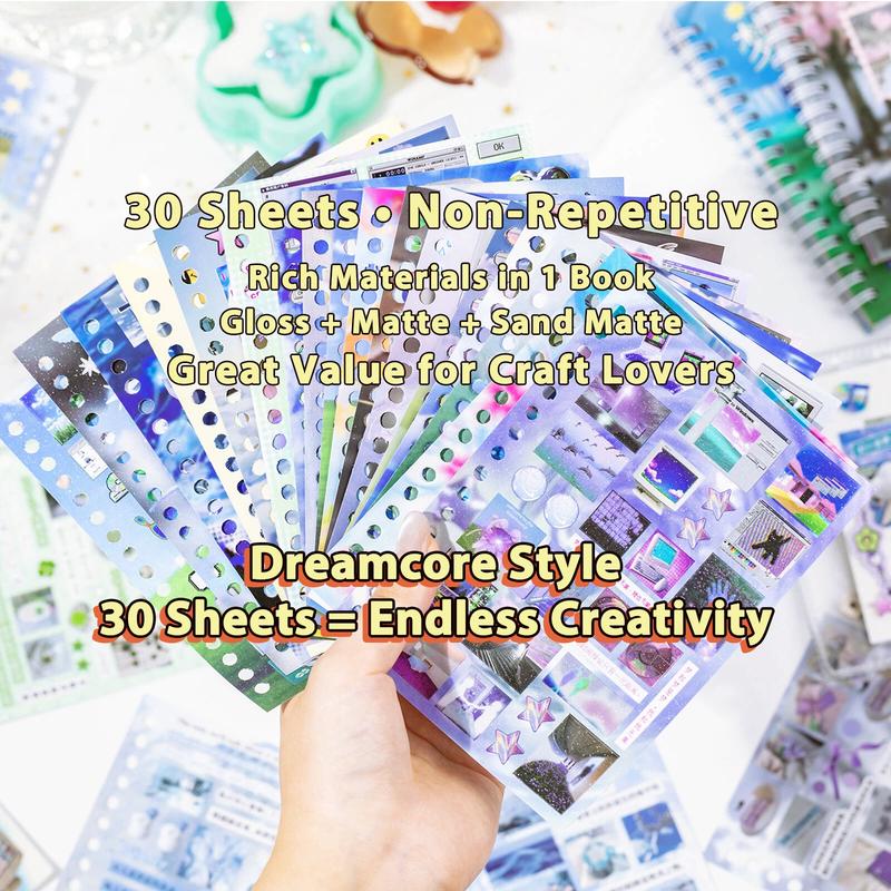 2 Styles 30 Sheets Dreamcore Aesthetic Sticker Book – Frutiger Aero-Inspired Die-Cut Glossy/Matte Textured Stickers for Journaling, Scrapbooking, Collage Art & INS Softcore Decor,TikTokShopJumpstartSale