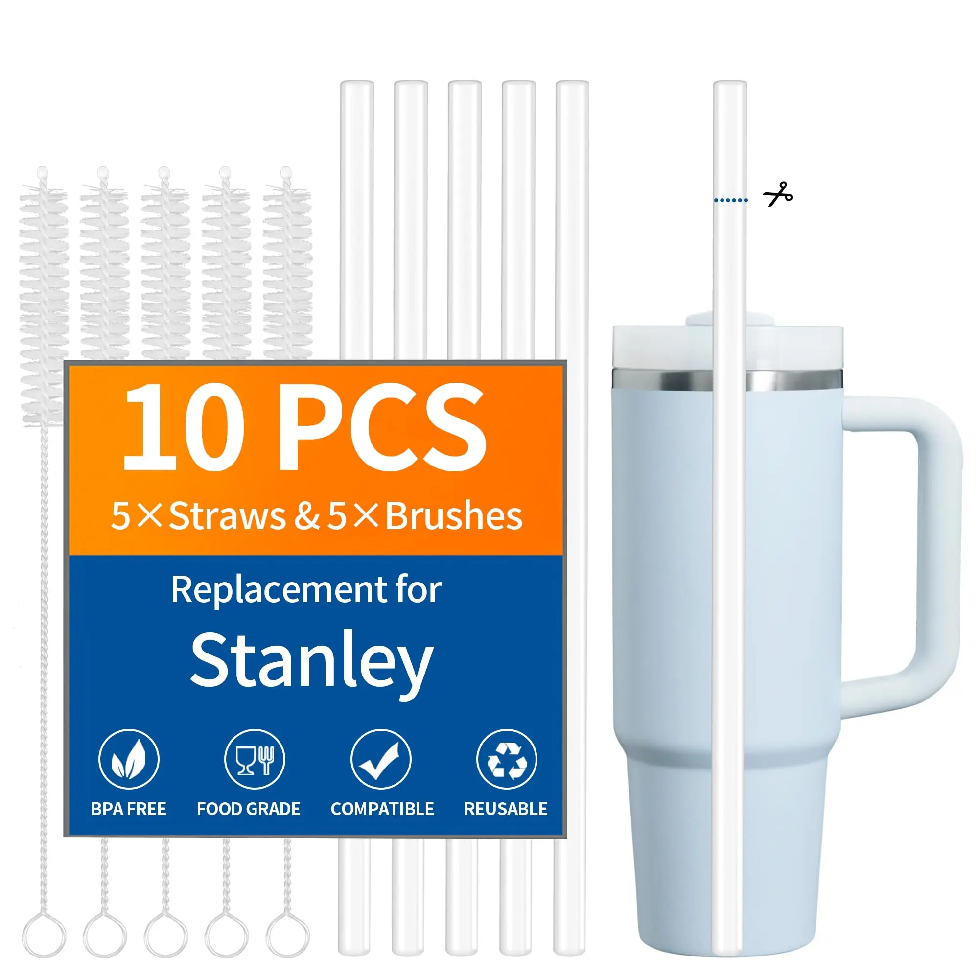 10 Pack Replacement Straw for Stanley IceFlow 30oz/64oz Cup Tumbler, Quencher 14oz/20oz, 5 Pack Reusable Clear Plastic Straws with 5 Pack Cleaning Brushes, Food Grade, BPA-Free, Cut-to-Fit (8.46in)